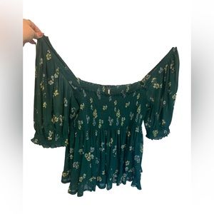 FREE PEOPLE off shoulder green floral sheer flowing top